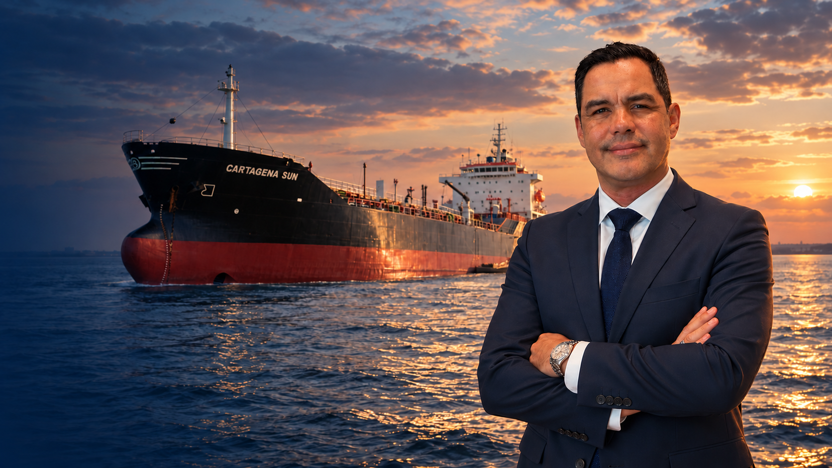 Roberto Aguiar Seoanes frente al buque Cartagena Sun